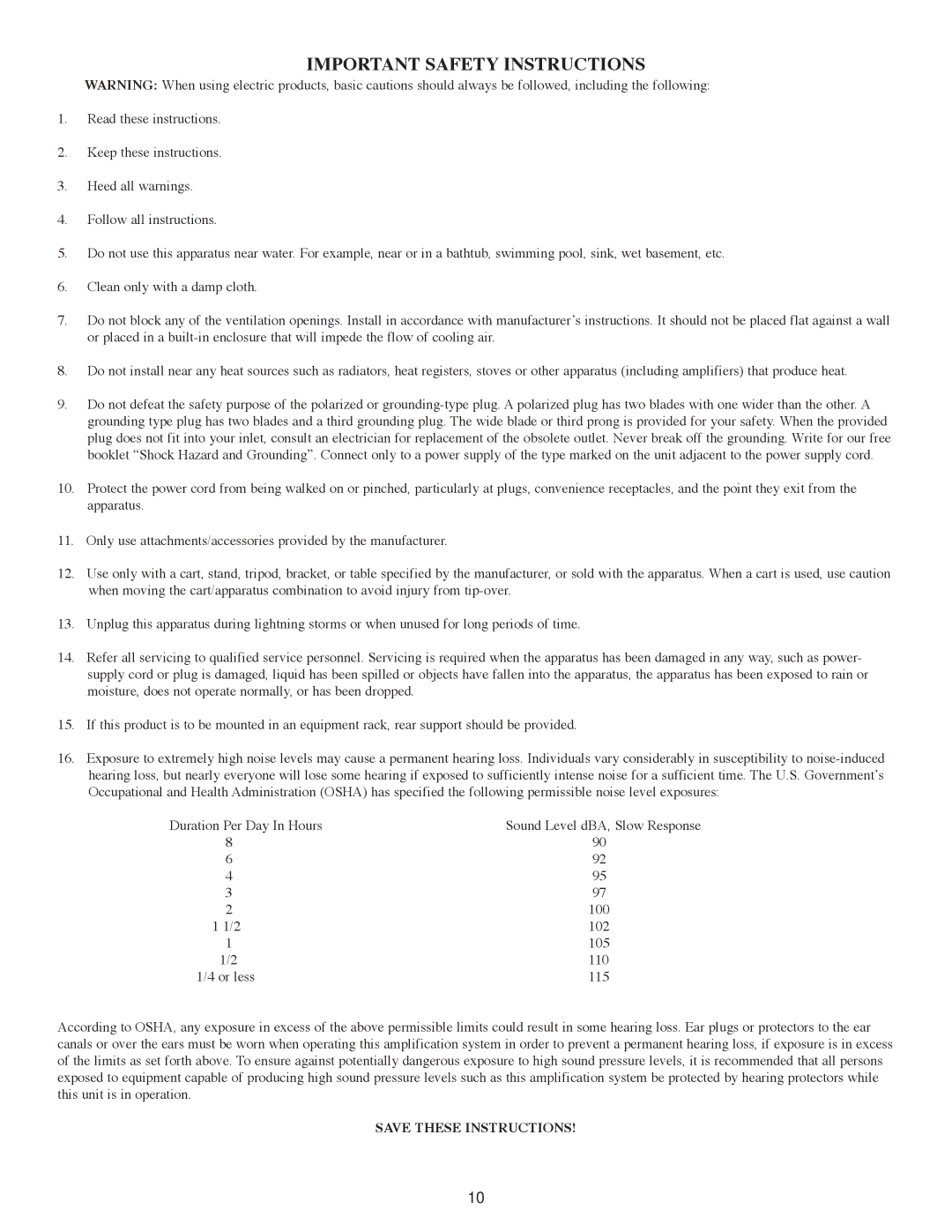 Peavey 1000 manual Important Safety Instructions 