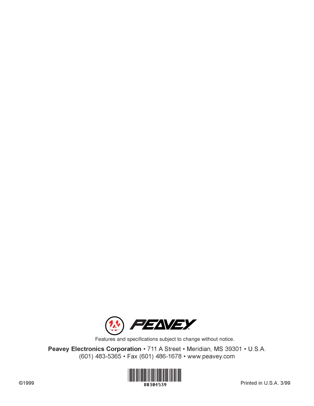 Peavey 1000 manual Features and specifications subject to change without notice 