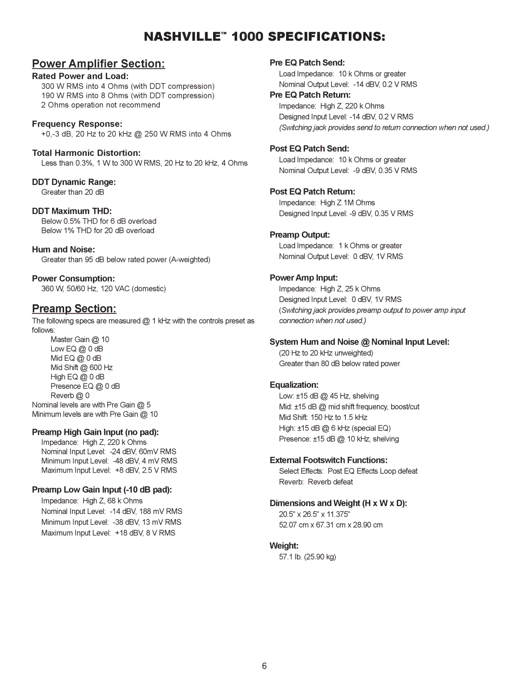 Peavey manual NASHVILLEª 1000 Specifications 