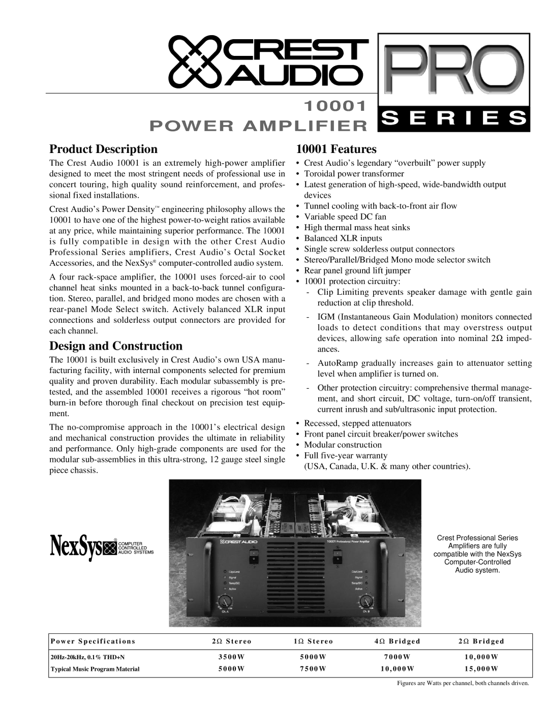 Peavey 10001 specifications Product Description, Design and Construction, Features 