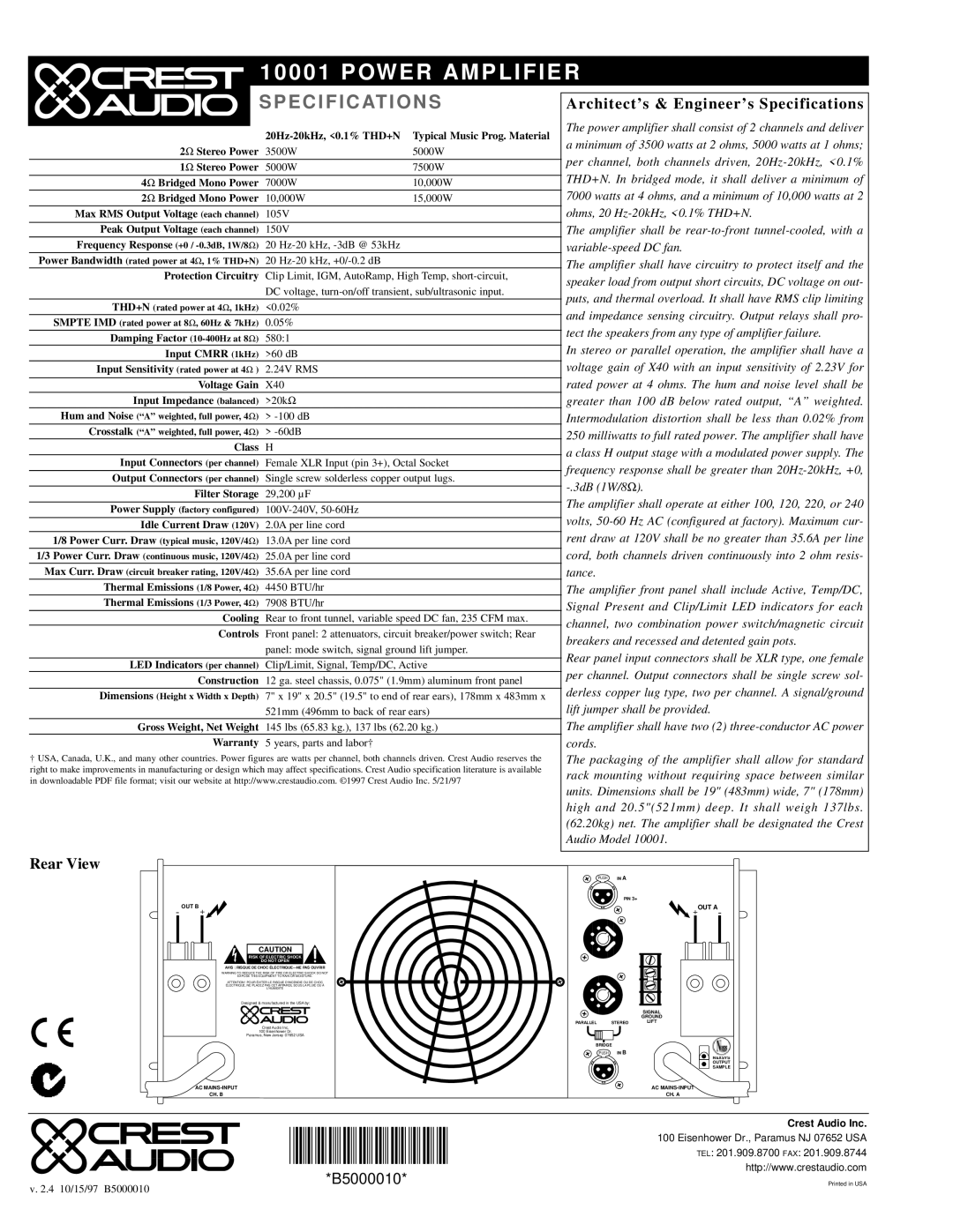 Peavey 10001 specifications Architect’s & Engineer’s Specifications, Rear View 