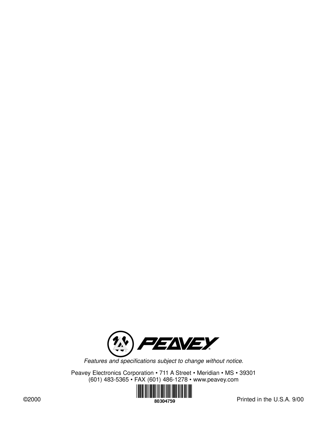 Peavey 1012 manual Features and specifications subject to change without notice 