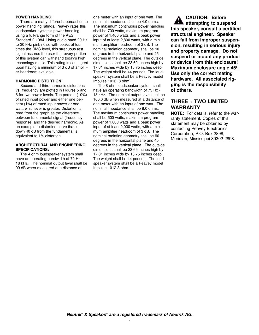Peavey 1012 manual Power Handling, Harmonic Distortion, Architectural and Engineering Specifications 