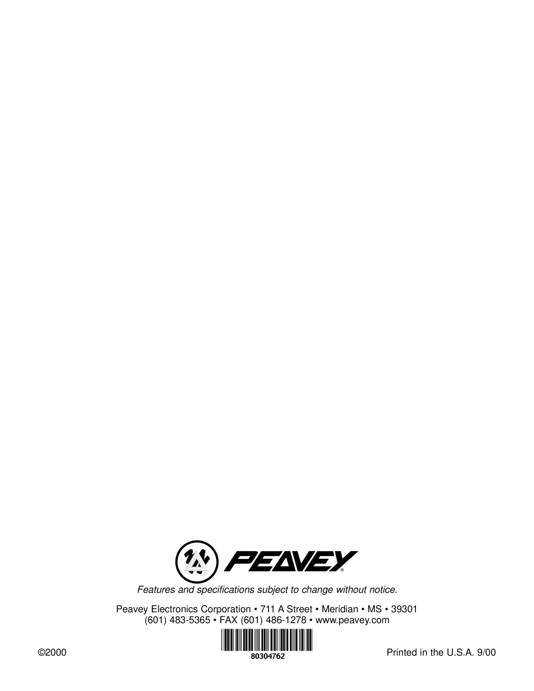 Peavey 1015 manual Features and specifications subject to change without notice 