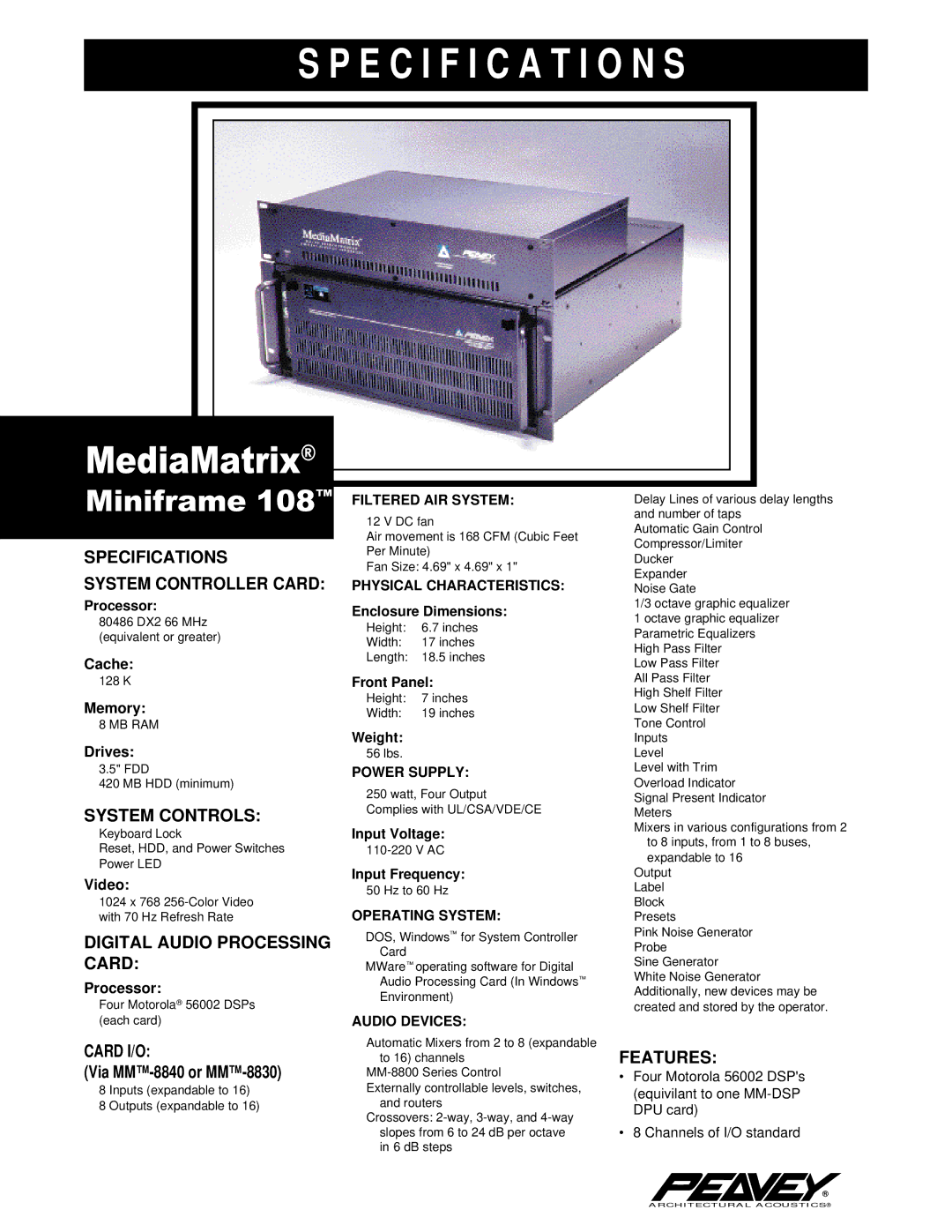 Peavey 108TM specifications Specifications System Controller Card, System Controls, Digital Audio Processing Card 