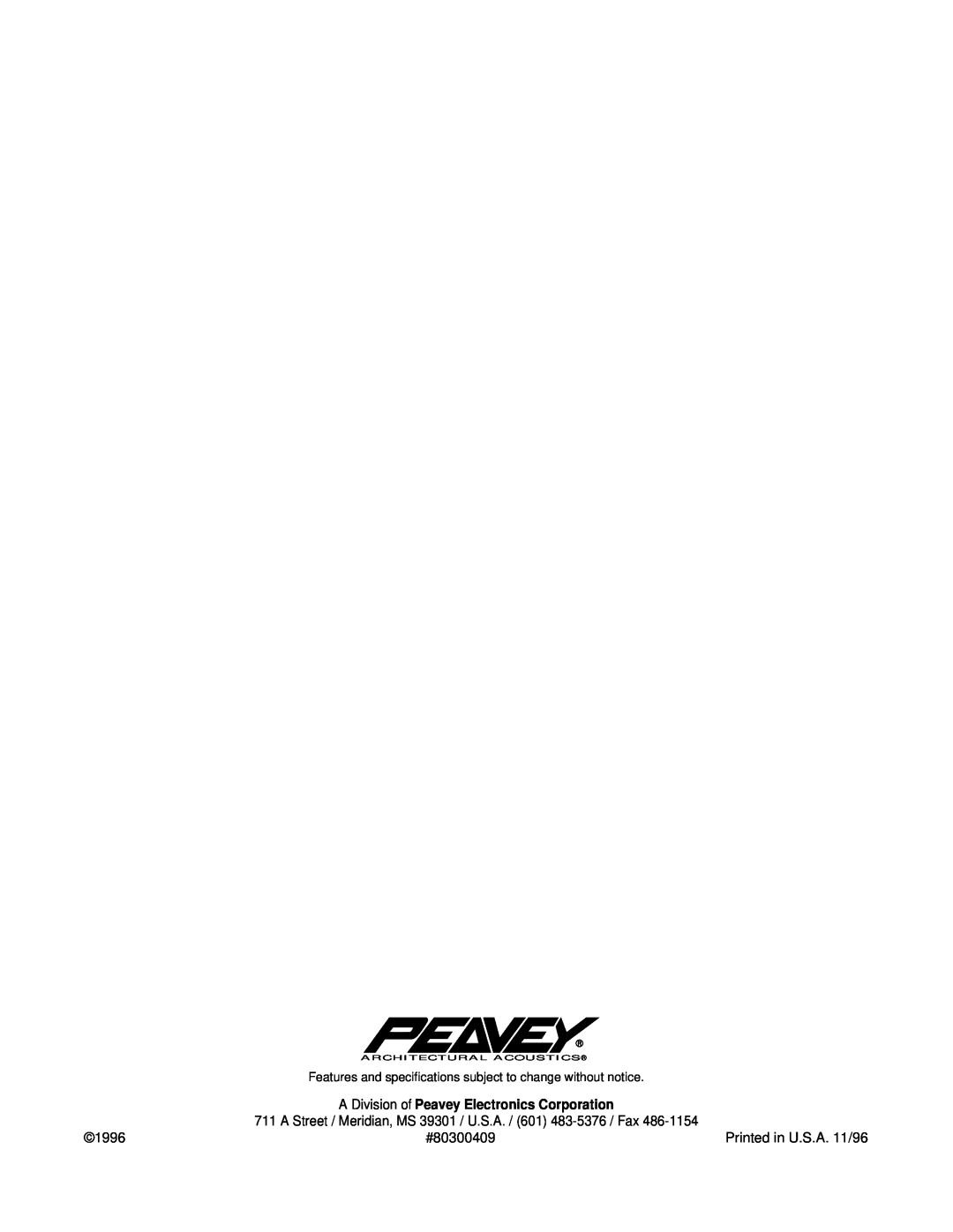 Peavey 108TM specifications #80300409, A Division of Peavey Electronics Corporation, Architectural Acoustics 