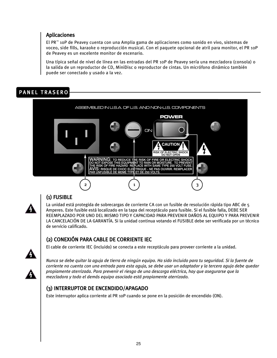 Peavey 10P manual Aplicaciones, N E L T R a S E R O, Fusible, Conexión Para Cable DE Corriente IEC 