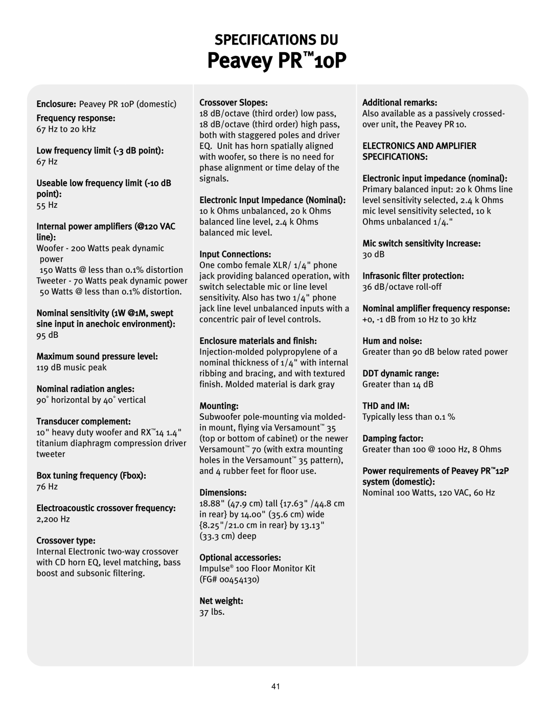 Peavey 10P manual Specifications DU 