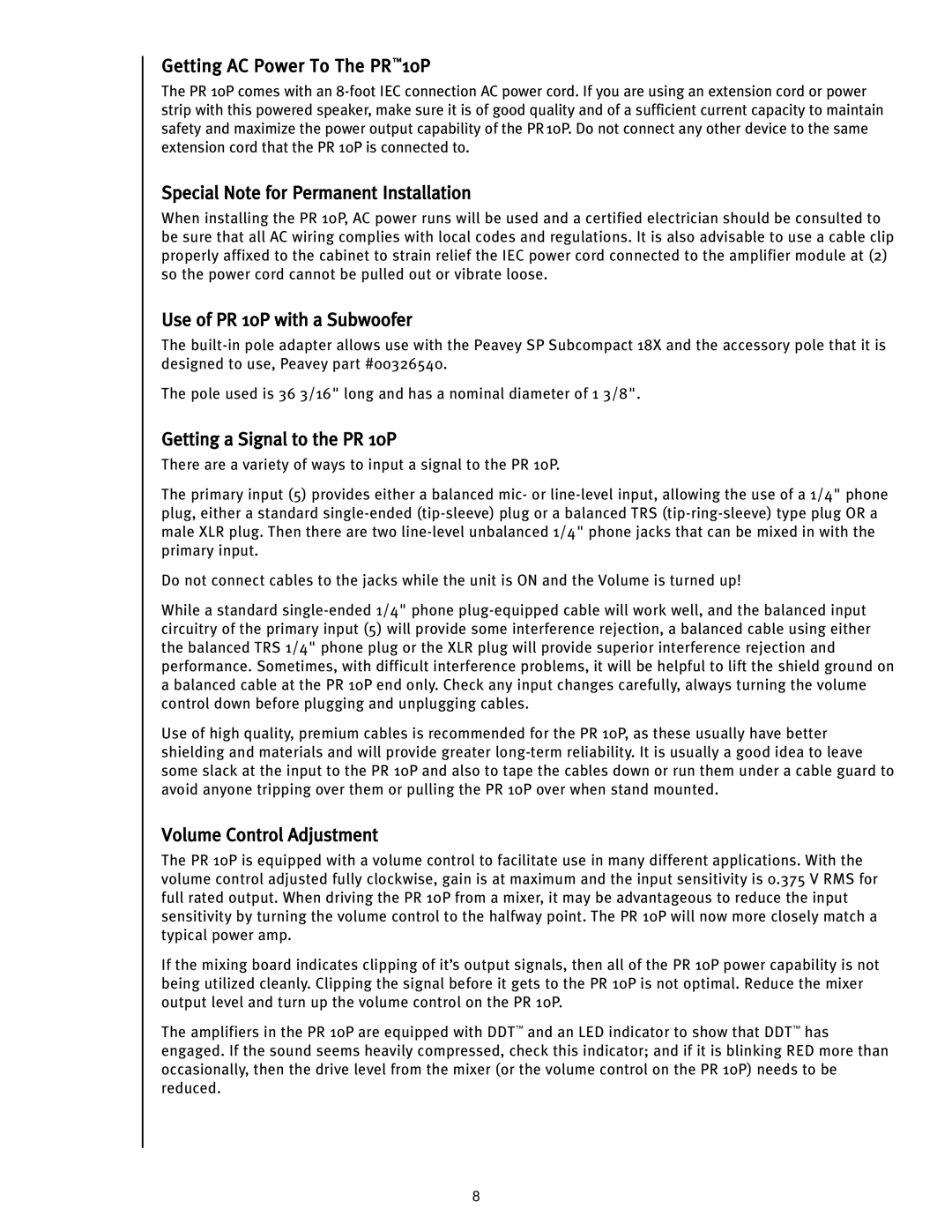 Peavey manual Getting AC Power To The PR10P, Special Note for Permanent Installation, Use of PR 10P with a Subwoofer 