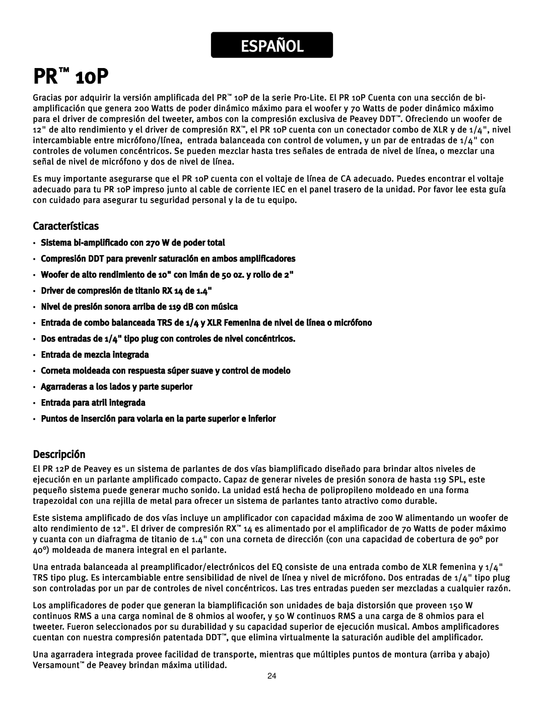 Peavey manual Español, Características, Descripción, PR 10P 
