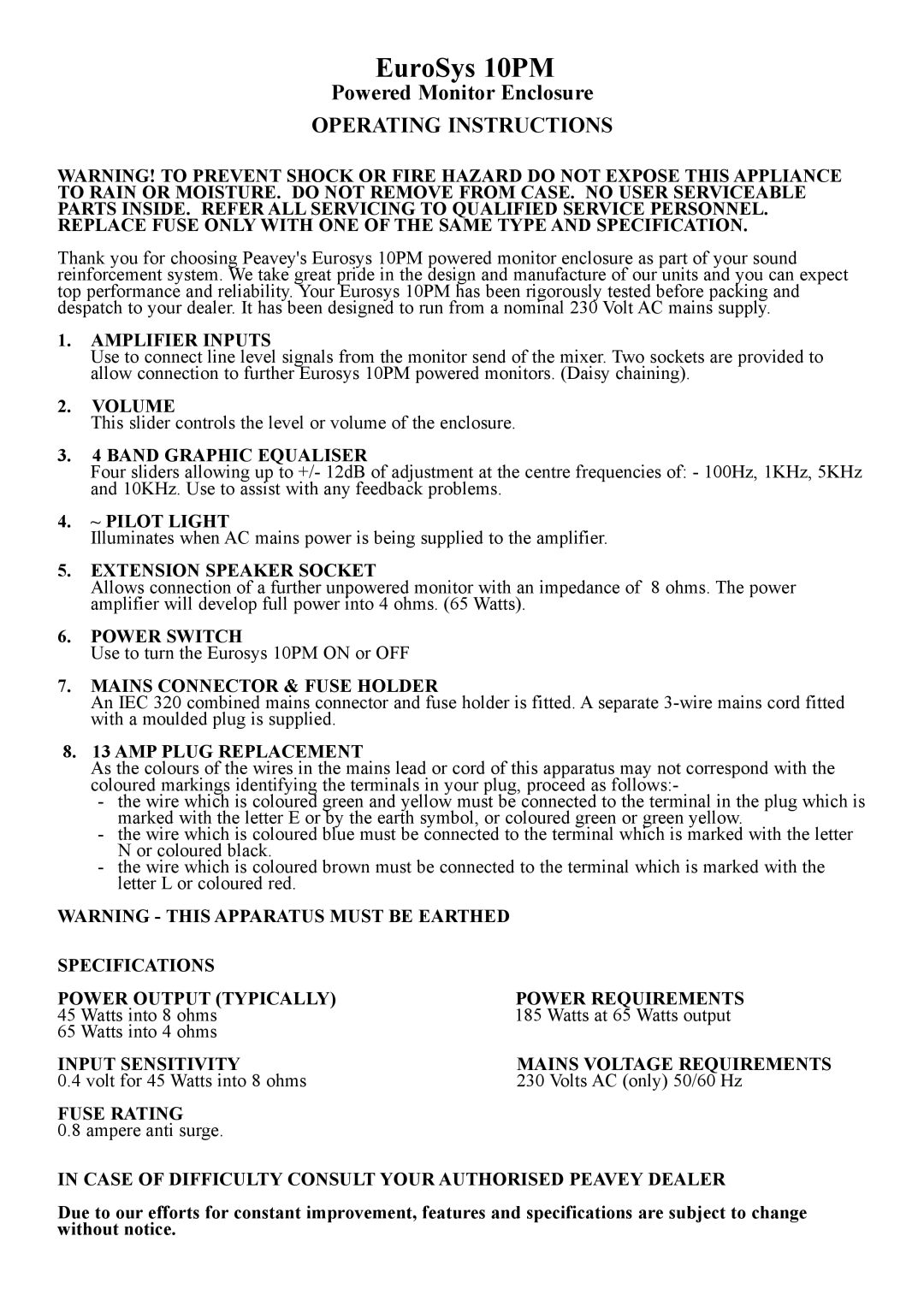 Peavey 10PM manual Operating Instructions 