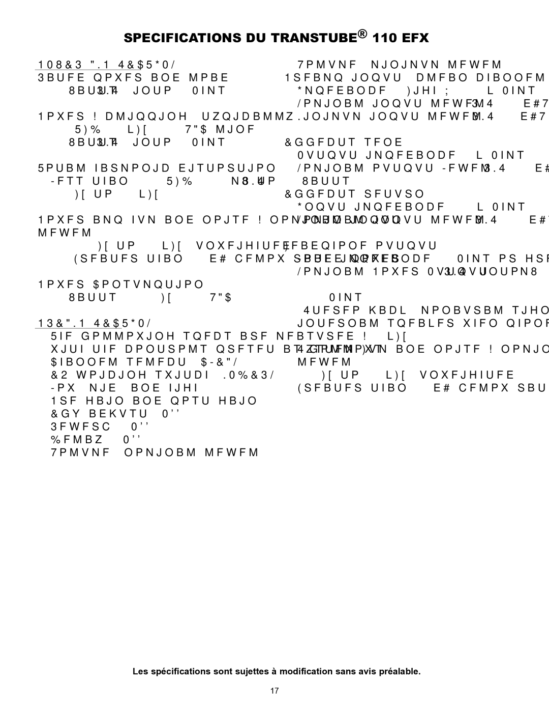 Peavey operation manual Specifications DU Transtube 110 EFX 