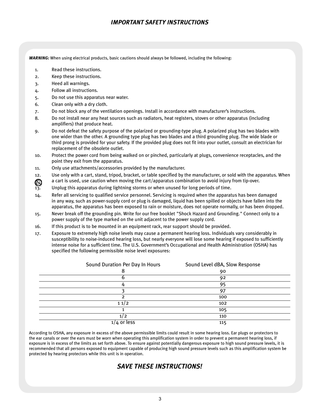 Peavey 110 EFX operation manual Important Safety Instructions 