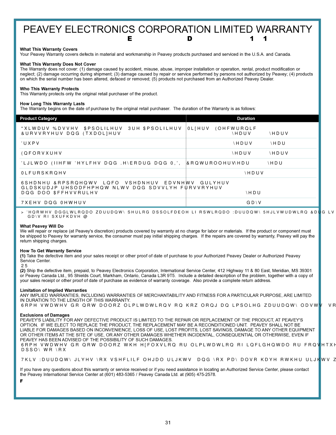 Peavey 110 EFX operation manual Peavey Electronics Corporation Limited Warranty 