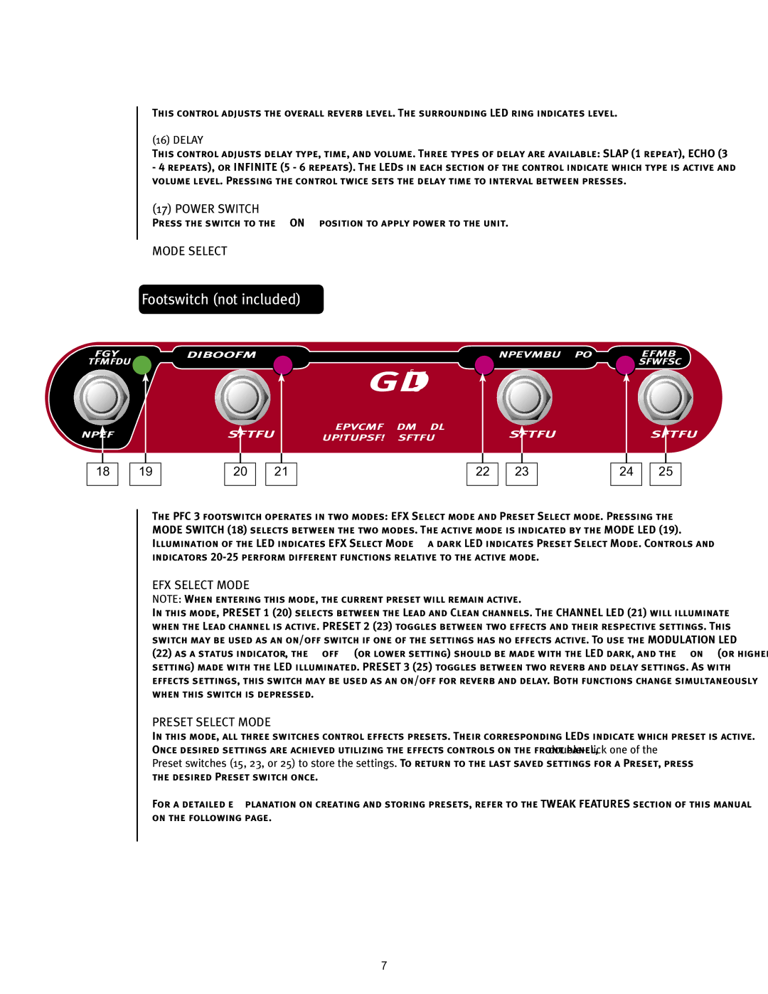 Peavey 110 EFX operation manual Footswitch not included, Power Switch, Mode Select, EFX Select Mode, Preset Select Mode 