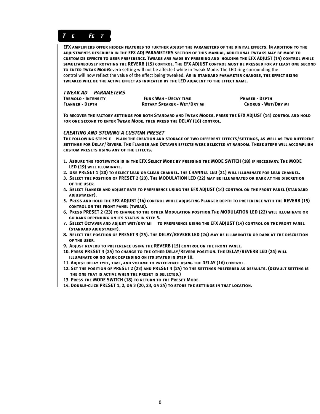 Peavey 110 EFX operation manual Tweak Features, Tweak ADJ Parameters, Creating and Storing a Custom Preset 