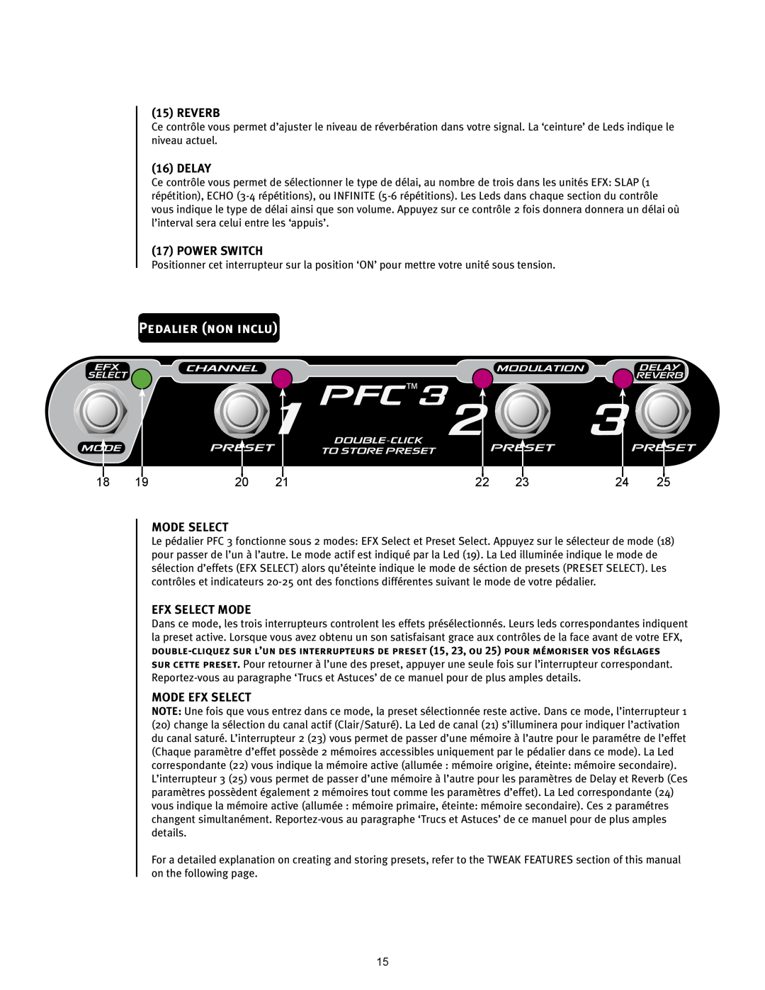 Peavey 110 EFX Pedalier non inclu, PFCTM3, Reverb, Delay, Power Switch, Mode Select, Efx Select Mode, Mode Efx Select 
