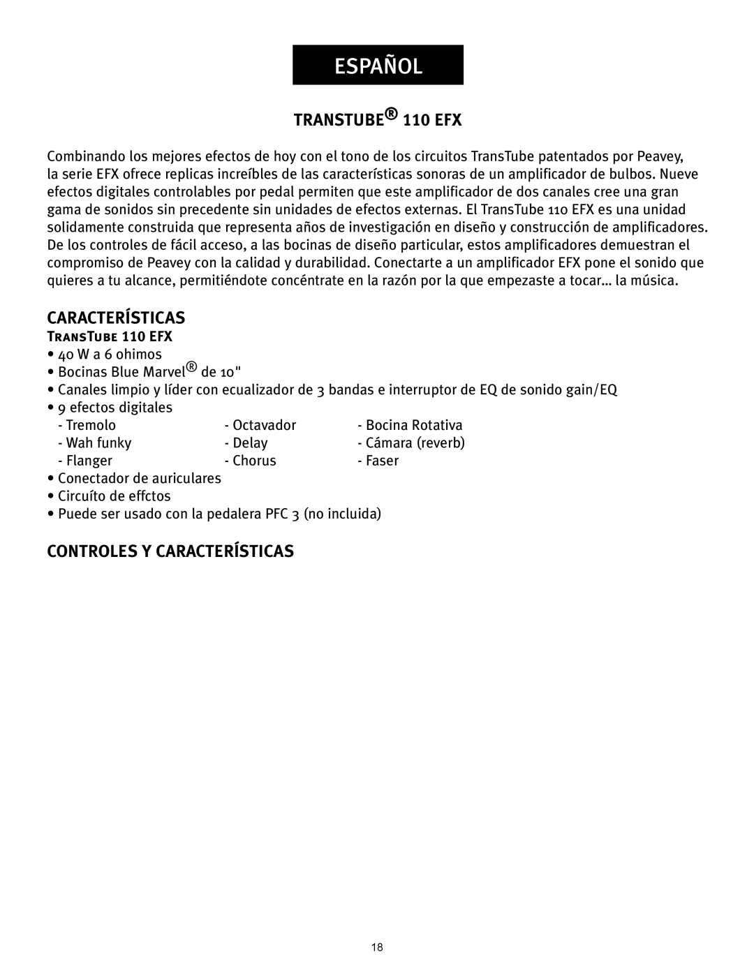Peavey operation manual Español, Controles Y Características, TRANSTUBE 110 EFX 
