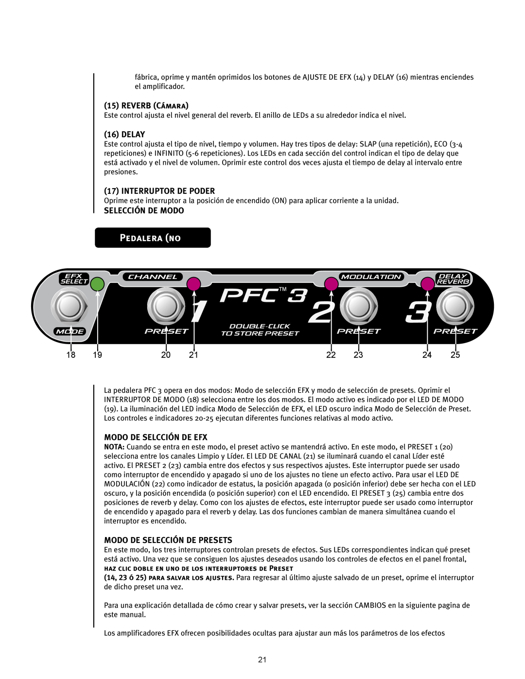 Peavey 110 EFX Pedalera no, PFCTM3, REVERB Cámara, Delay, Interruptor De Poder, Selección De Modo, Modo De Selcción De Efx 