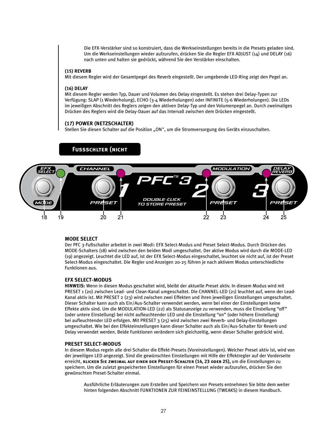Peavey 110 EFX Fussschlter nicht, PFCTM3, Power Netzschalter, Mode Select, Efx Select-Modus, Preset Select-Modus, Reverb 