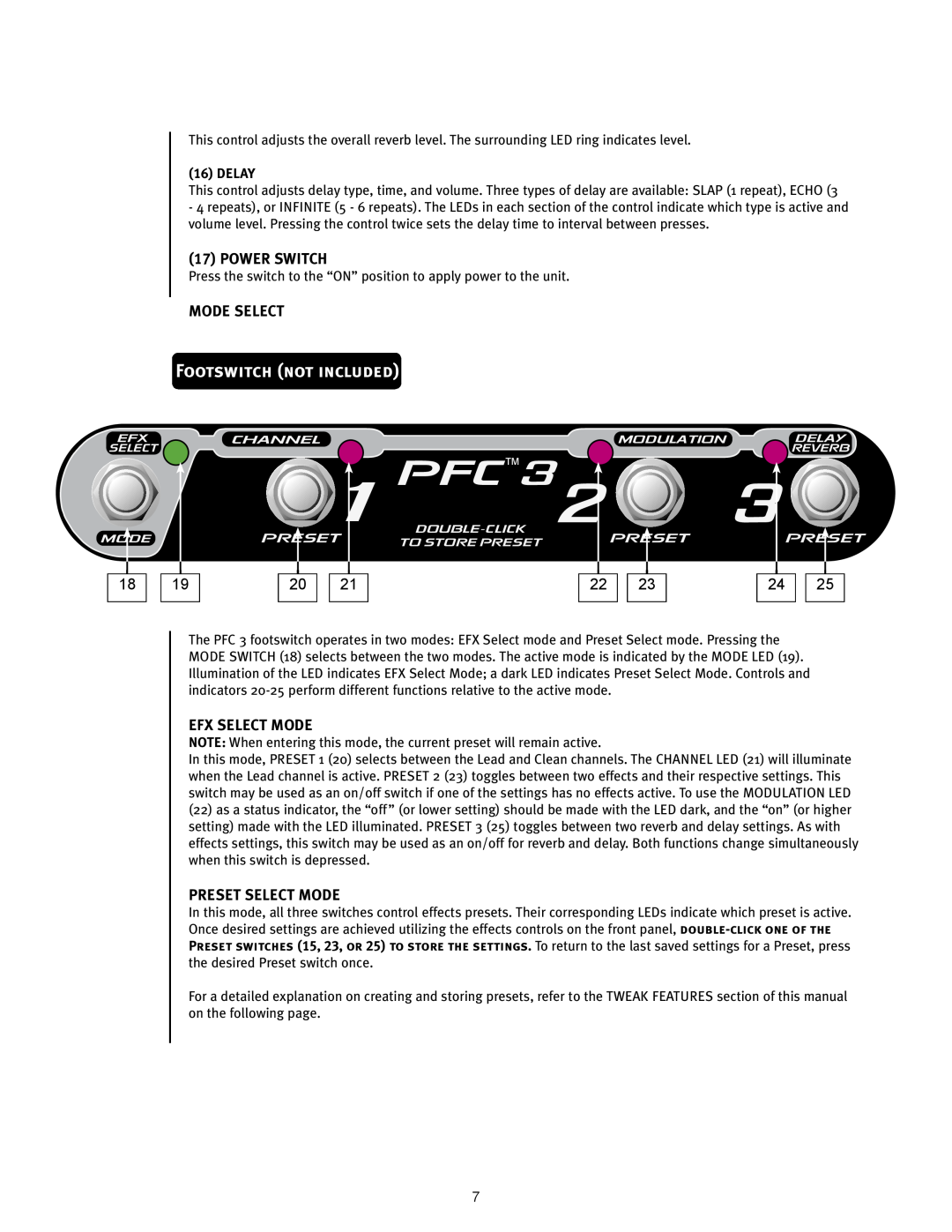 Peavey 110 EFX PFCTM3, Footswitch not included, Power Switch, Mode Select, Efx Select Mode, Preset Select Mode, Delay 