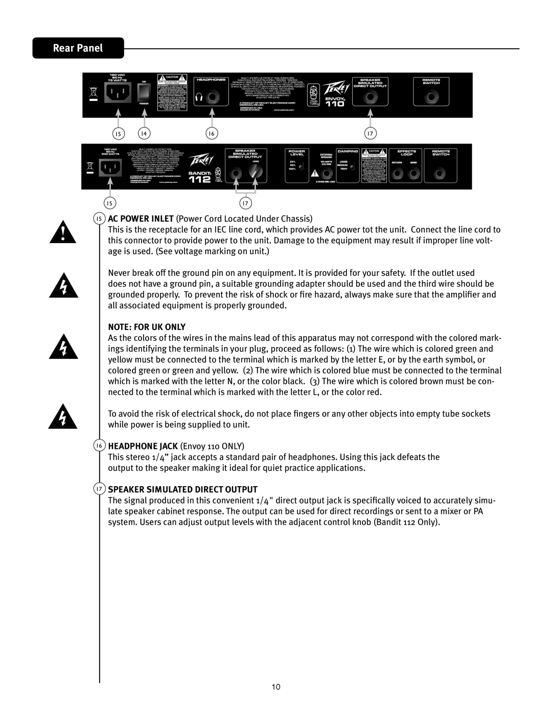 Peavey 110 manual Rear Panel, Speaker Simulated Direct Output 