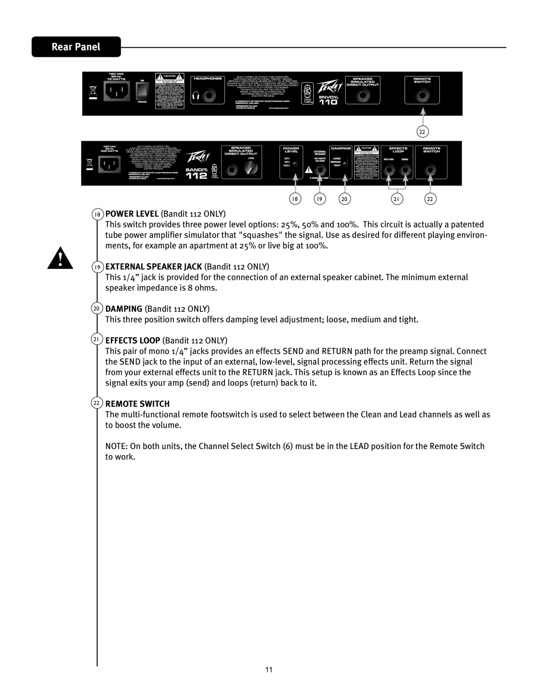 Peavey 110 manual External Speaker Jack Bandit 112 only, Remote Switch 