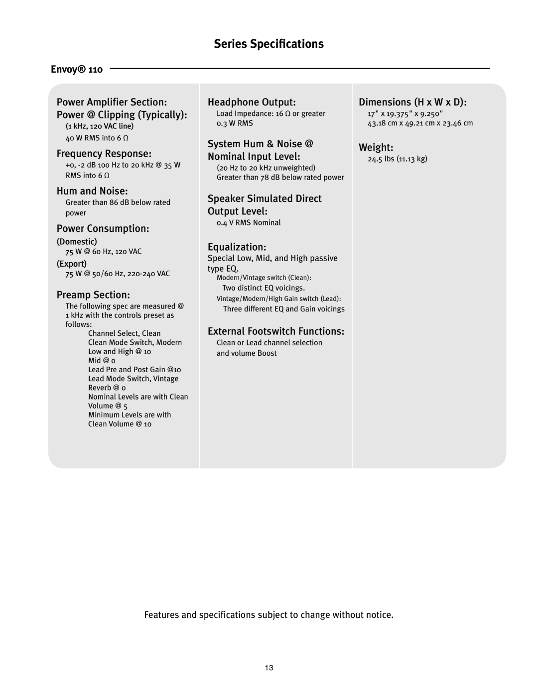 Peavey 110 manual Series Specifications 