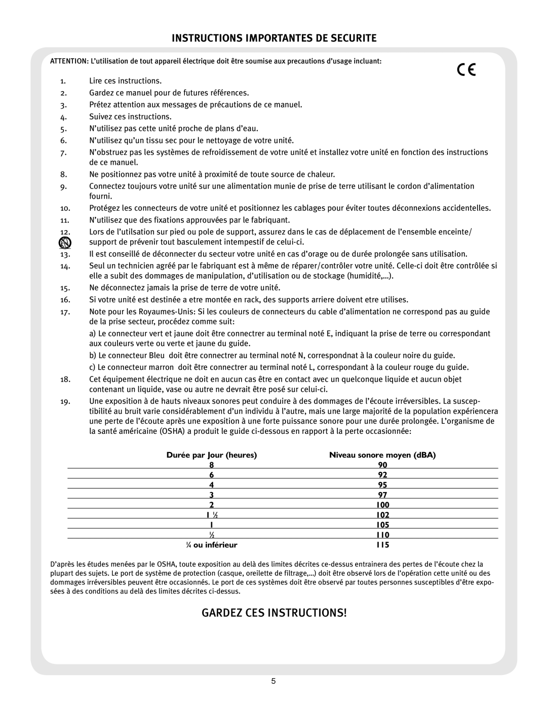 Peavey 110 manual Instructions Importantes DE Securite, ⁄ 4 ou inférieur 