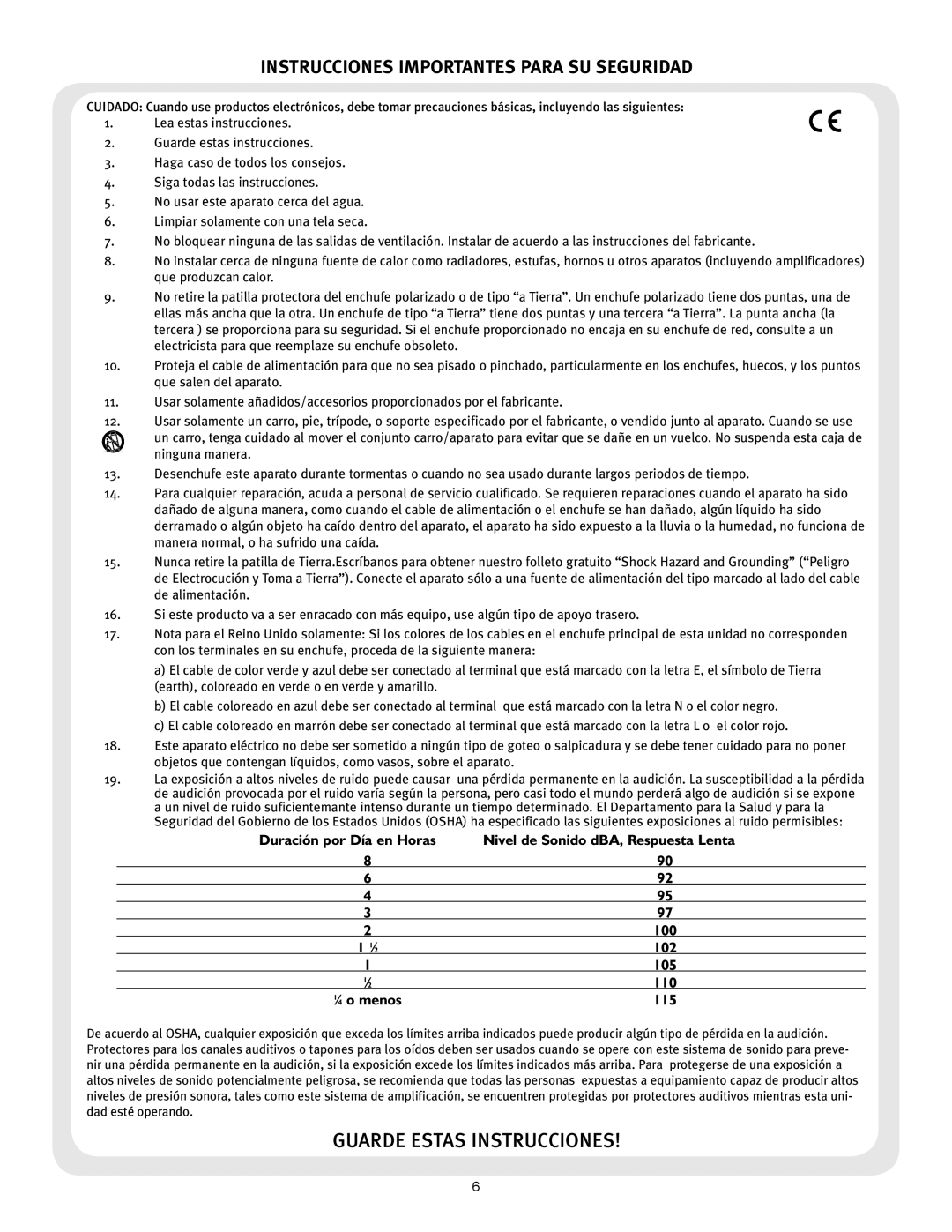 Peavey 110 manual Instrucciones Importantes Para SU Seguridad, ⁄ 4 o menos 