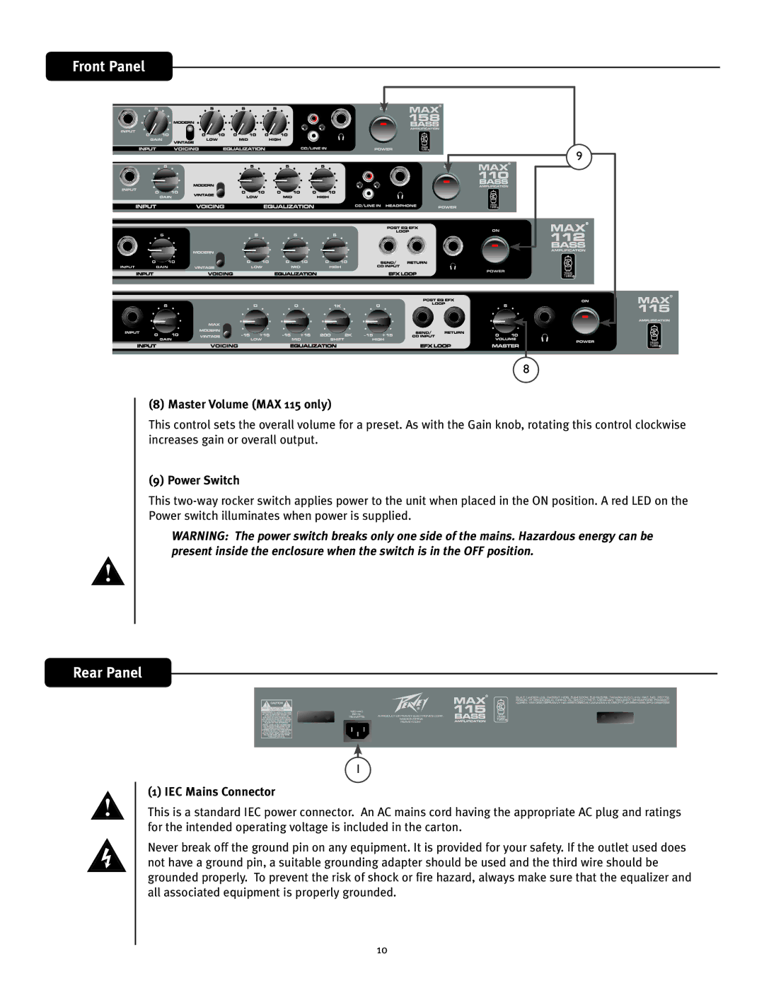 Peavey 158, 110, 112, 115 owner manual Master Volume MAX 115 only, Power Switch, IEC Mains Connector 