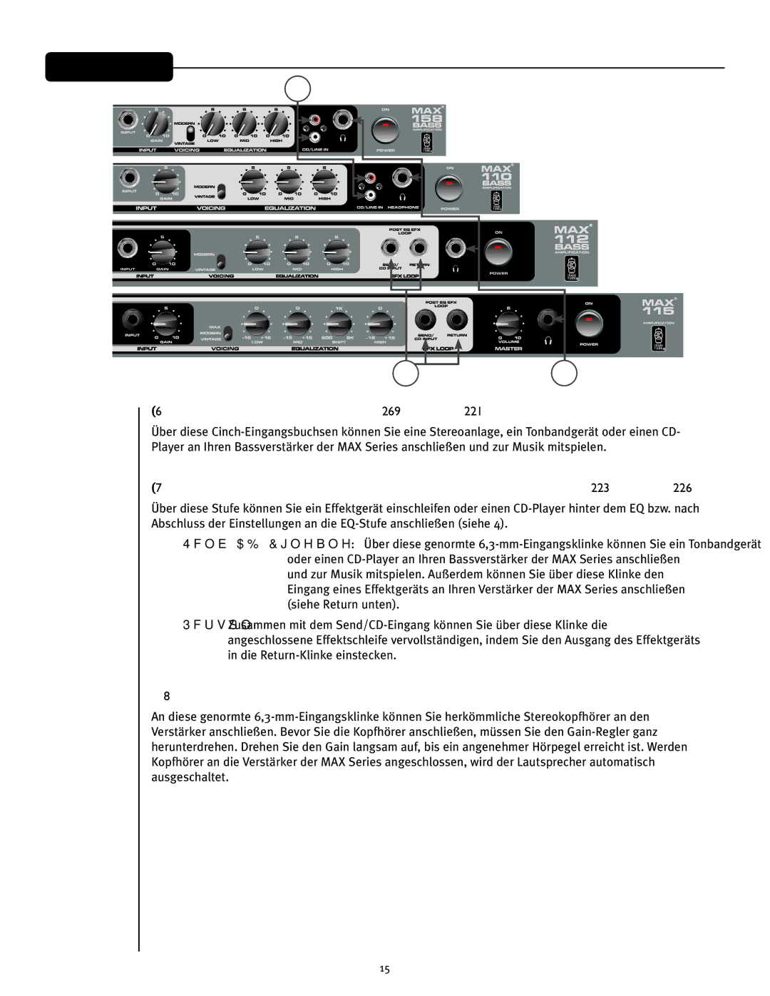 Peavey 158, 110, 112, 115 owner manual Cinch-CD/Line-In-Klinken nur MAX 158 und, Post-EQ-Effektschleife nur MAX 112 und 