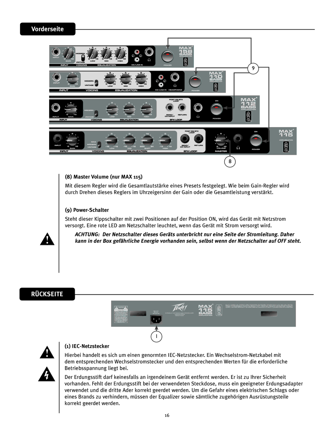 Peavey 158, 110, 112, 115 owner manual Rückseite, Master Volume nur MAX, Power-Schalter, IEC-Netzstecker 