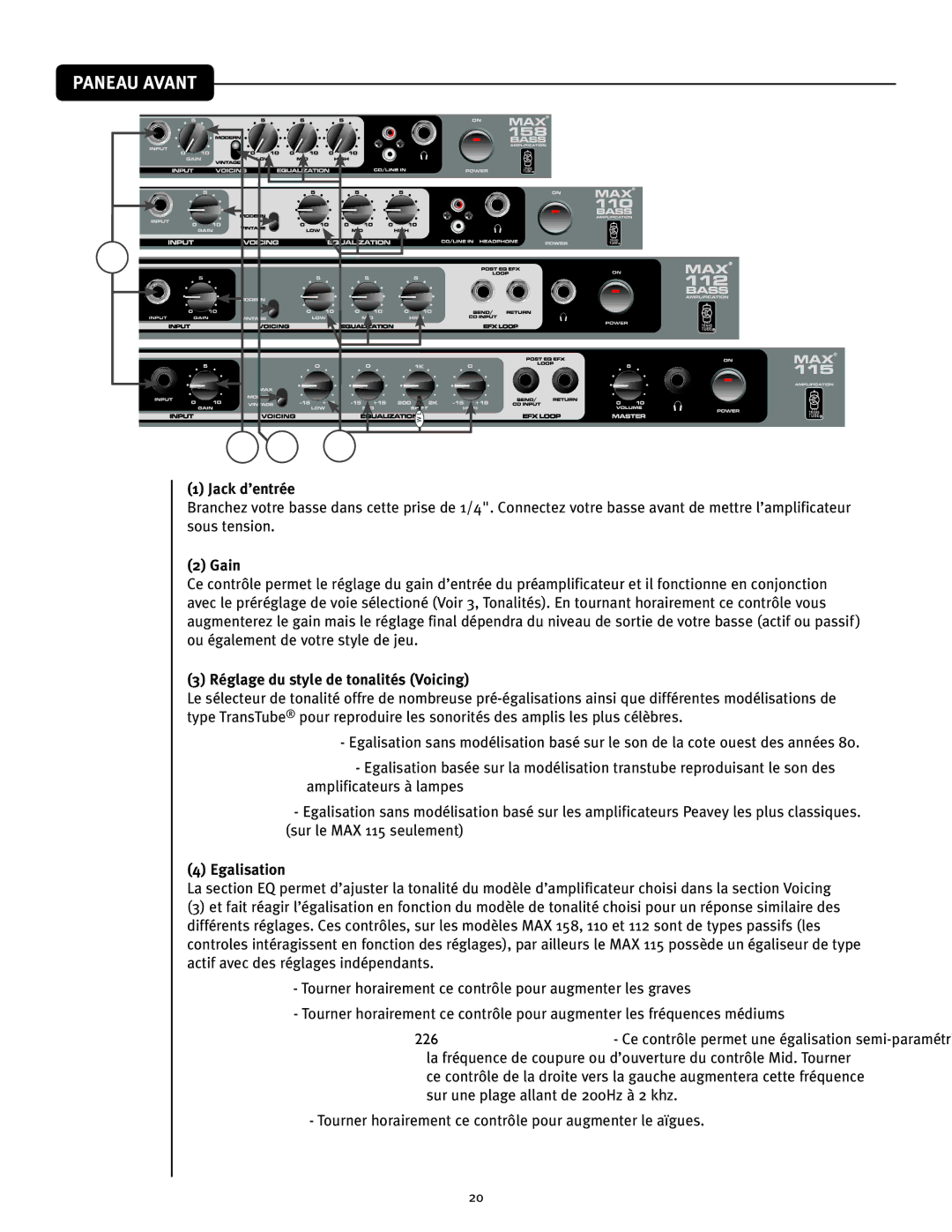 Peavey 158, 110, 112, 115 owner manual Paneau Avant, Jack d’entrée, Réglage du style de tonalités Voicing, Egalisation 