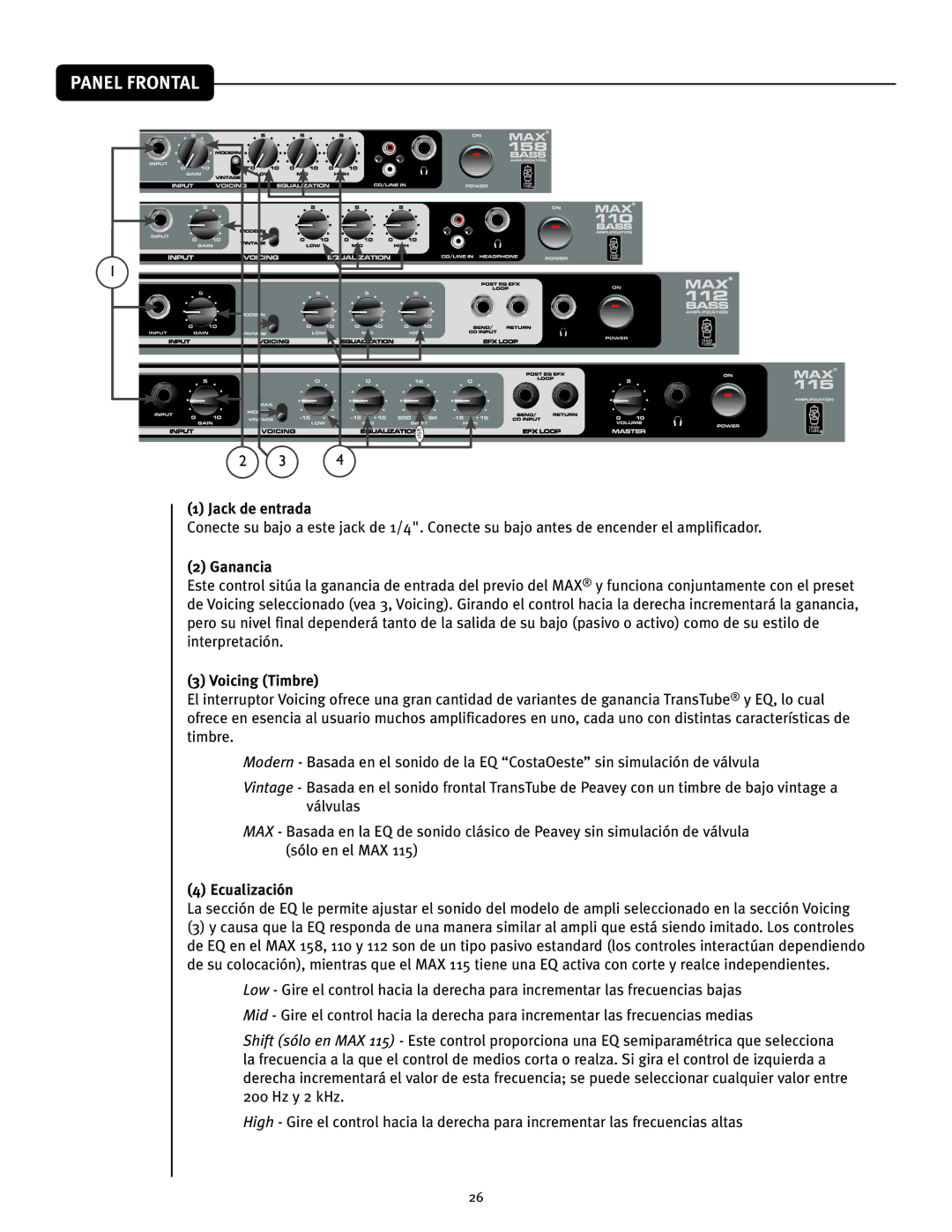 Peavey 158, 110, 112, 115 owner manual Panel Frontal, Jack de entrada, Ganancia, Voicing Timbre, Ecualización 