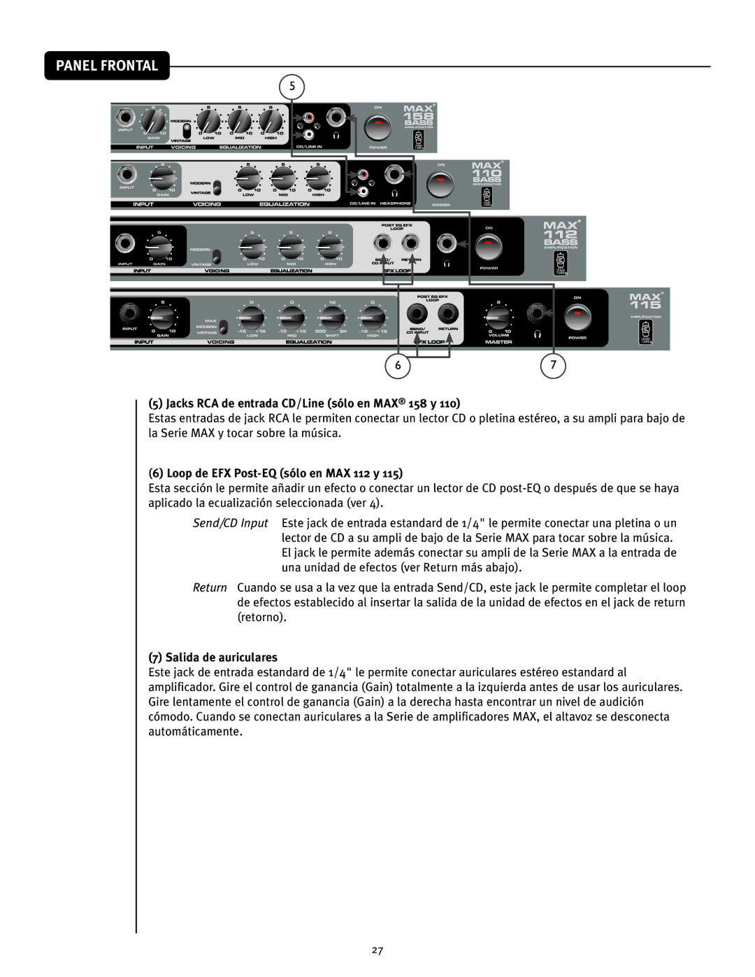 Peavey 158, 110, 112, 115 Jacks RCA de entrada CD/Line sólo en MAX 158 y, Loop de EFX Post-EQ sólo en MAX 112 y 