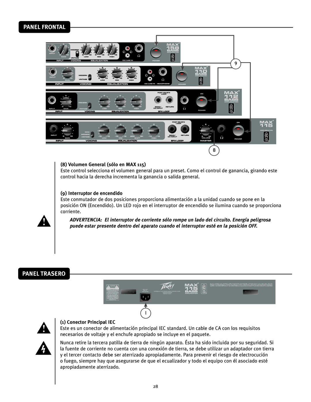 Peavey 112 owner manual Panel Trasero, Volumen General sólo en MAX, Interruptor de encendido, Conector Principal IEC 