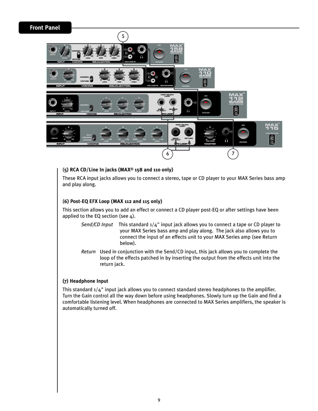 Peavey 158, 110, 112, 115 owner manual RCA CD/Line In jacks MAX 158 and 110 only, Post-EQ EFX Loop MAX 112 and 115 only 