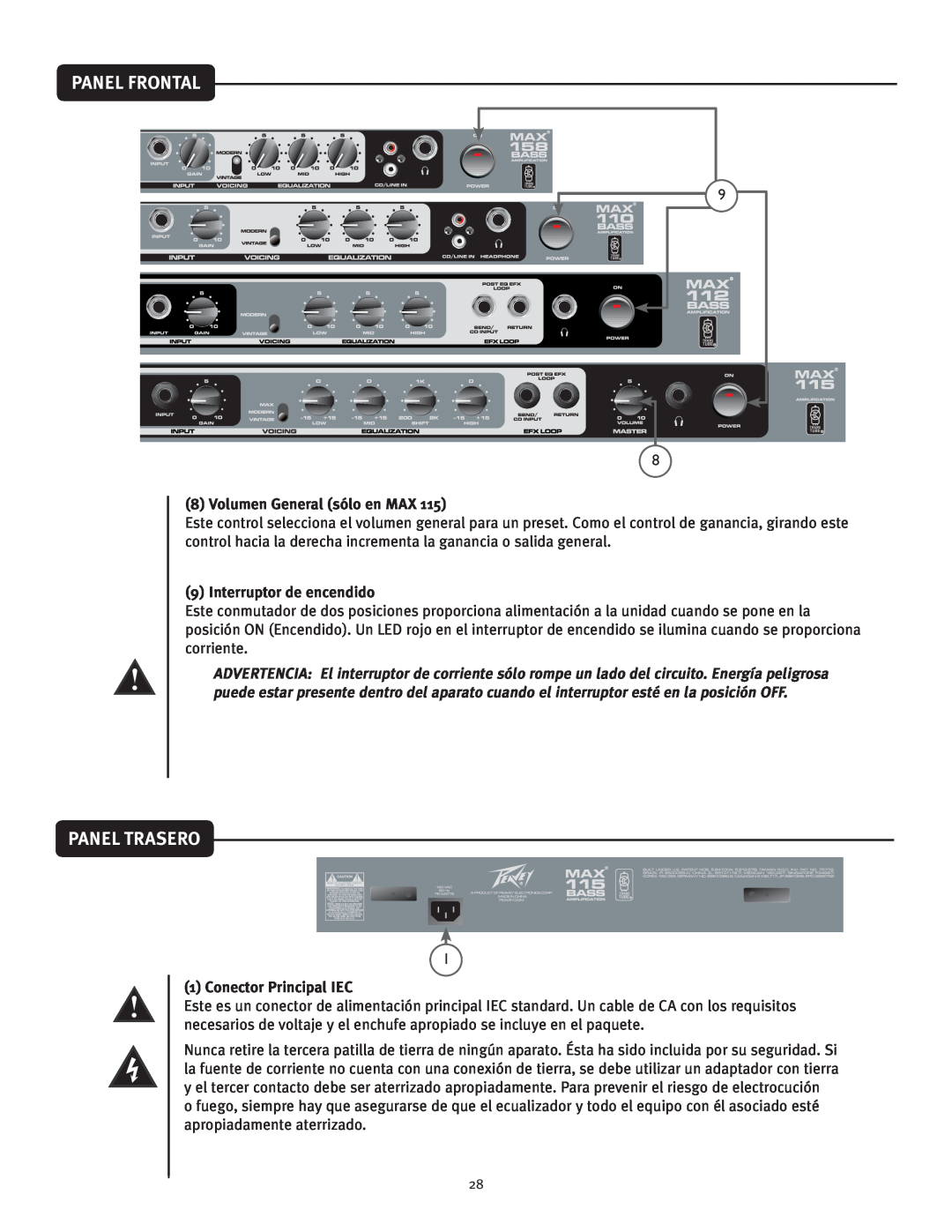 Peavey 112 Panel Trasero, Volumen General sólo en MAX, Interruptor de encendido, Conector Principal IEC, Panel Frontal 