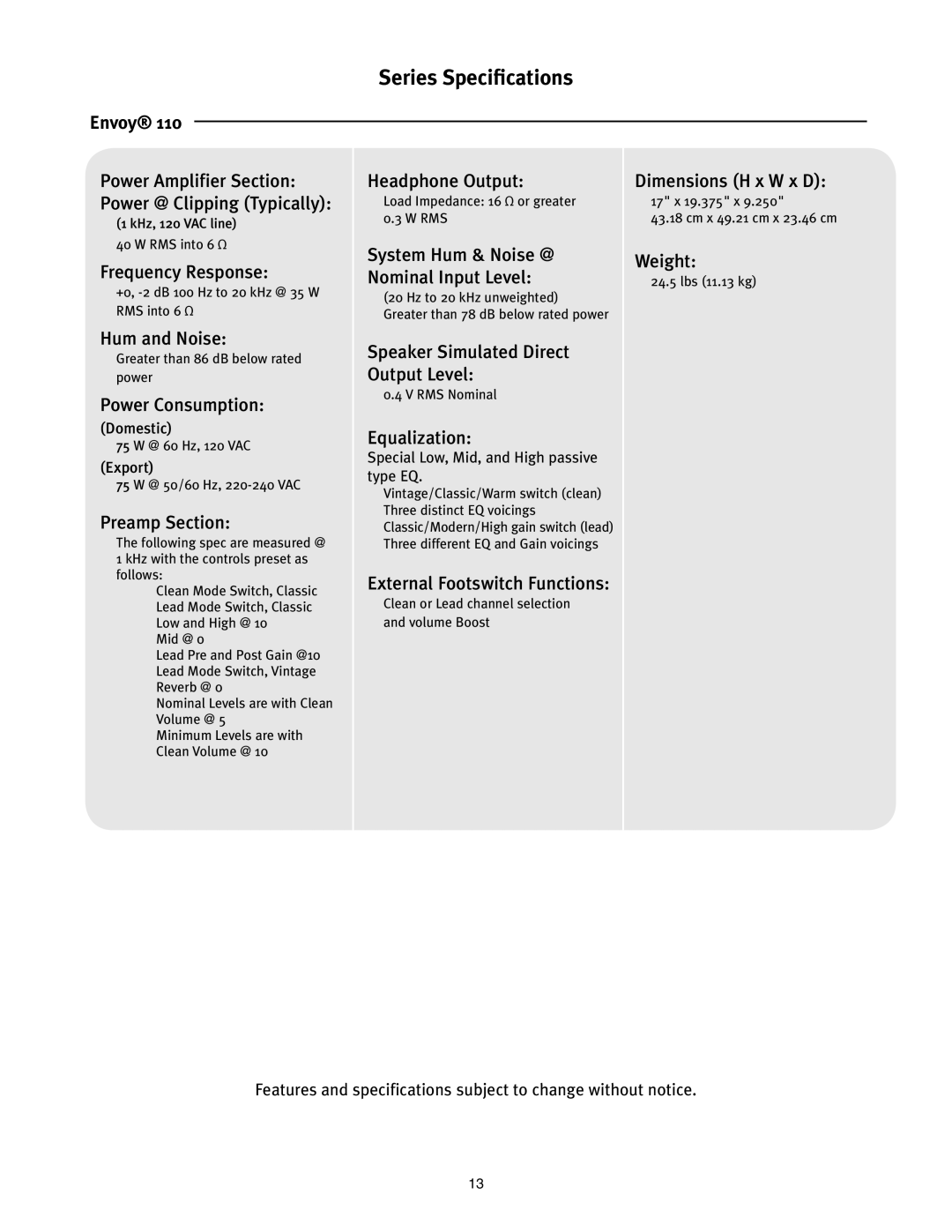 Peavey 112 manual Series Specifications 