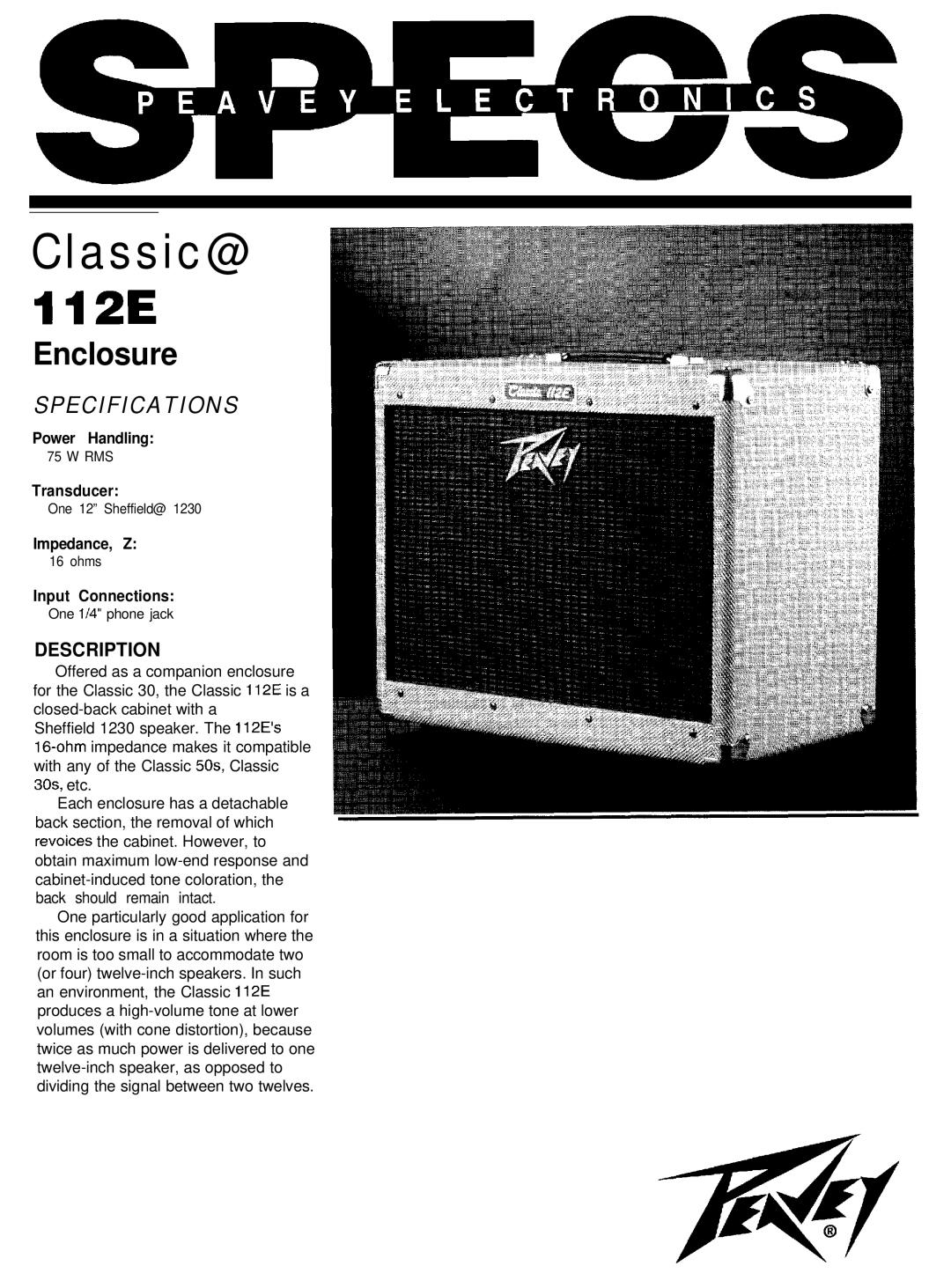 Peavey 112E specifications Classic@, Enclosure, Specifications, Description 