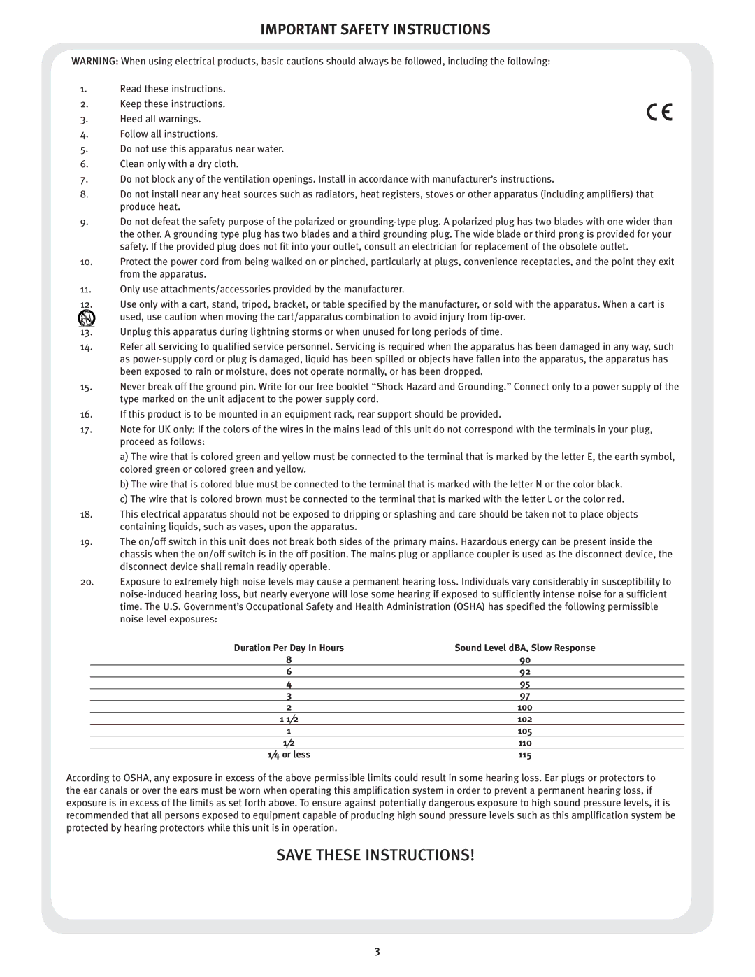 Peavey 210, 115 manual Important Safety Instructions, Sound Level dBA, Slow Response 