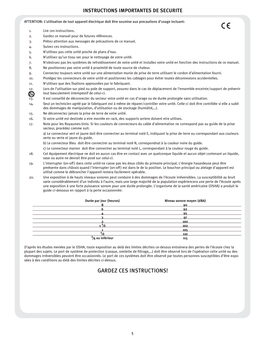 Peavey 210, 115 manual Instructions Importantes DE Securite, Niveau sonore moyen dBA 