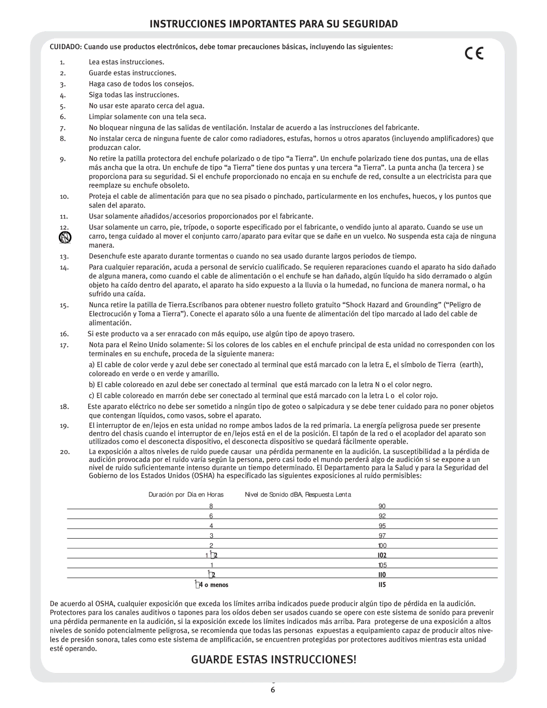 Peavey 115, 210 manual Instrucciones Importantes Para SU Seguridad, ⁄4 o menos 