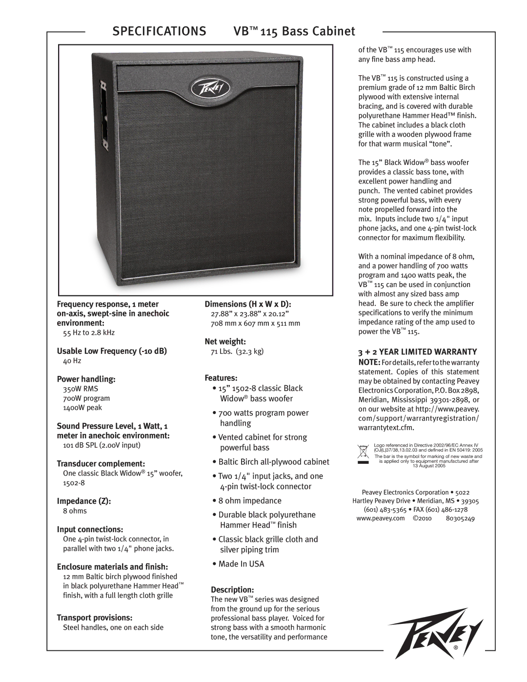 Peavey specifications Specifications, VB 115 Bass Cabinet 