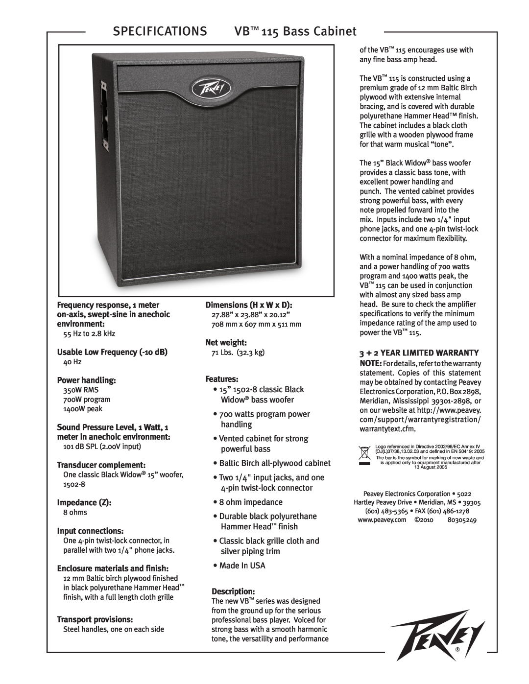 Peavey specifications Specifications, VB 115 Bass Cabinet 