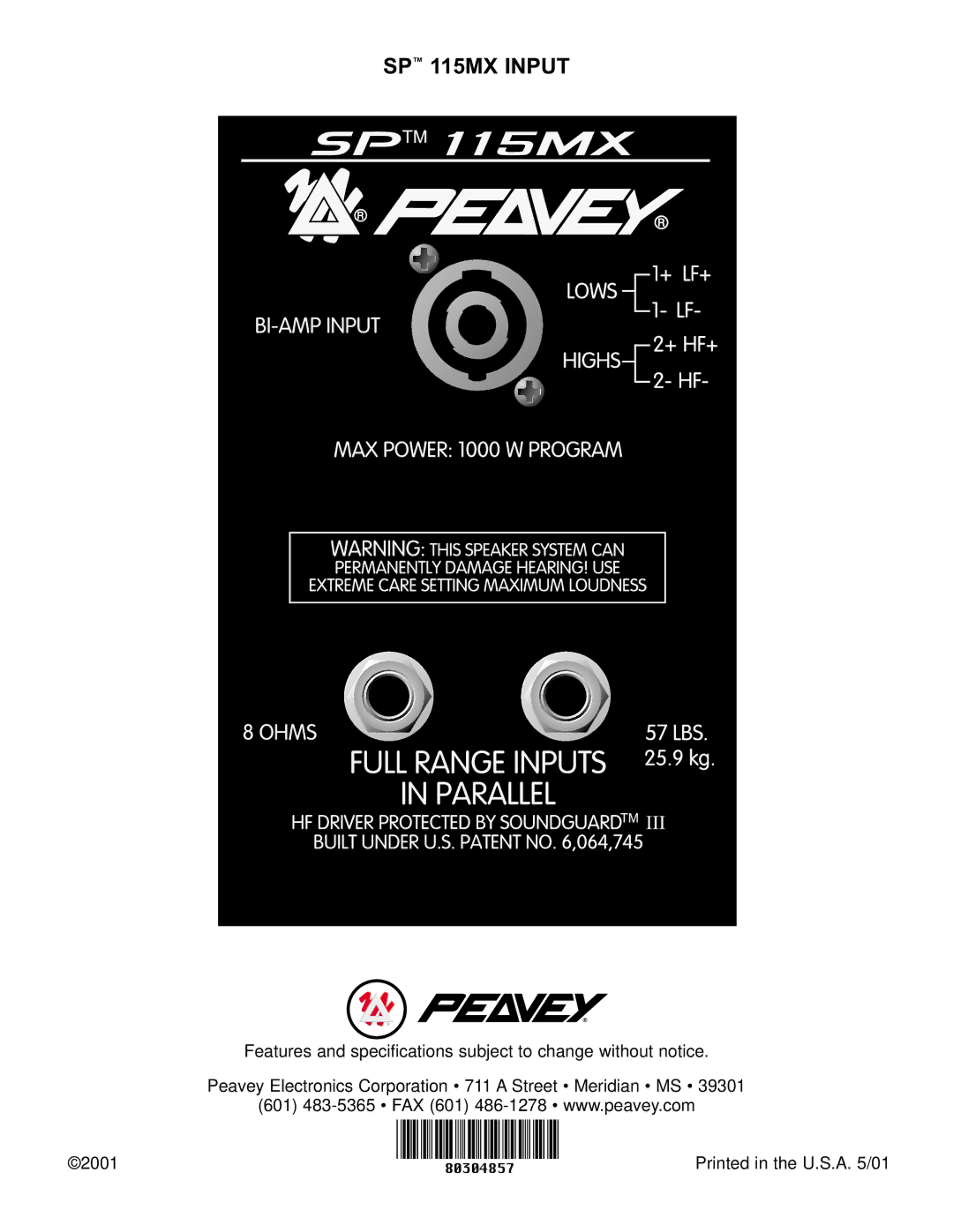 Peavey specifications SP 115MX Input 