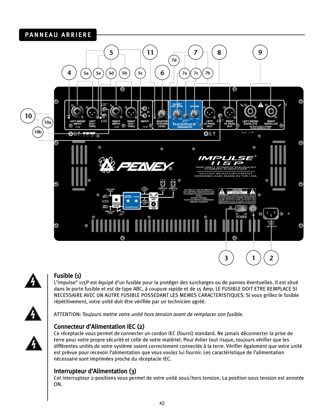 Peavey 115P manual Connecteur d’Alimentation IEC, Interrupteur d’Alimentation 