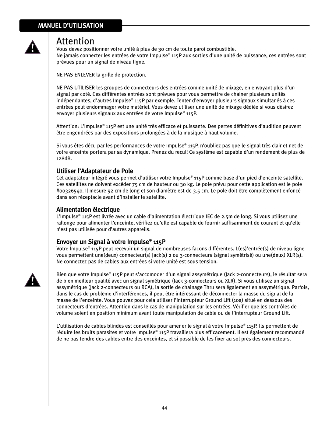 Peavey manual Utiliser l’Adaptateur de Pole, Alimentation électrique, Envoyer un Signal à votre Impulse 115P 