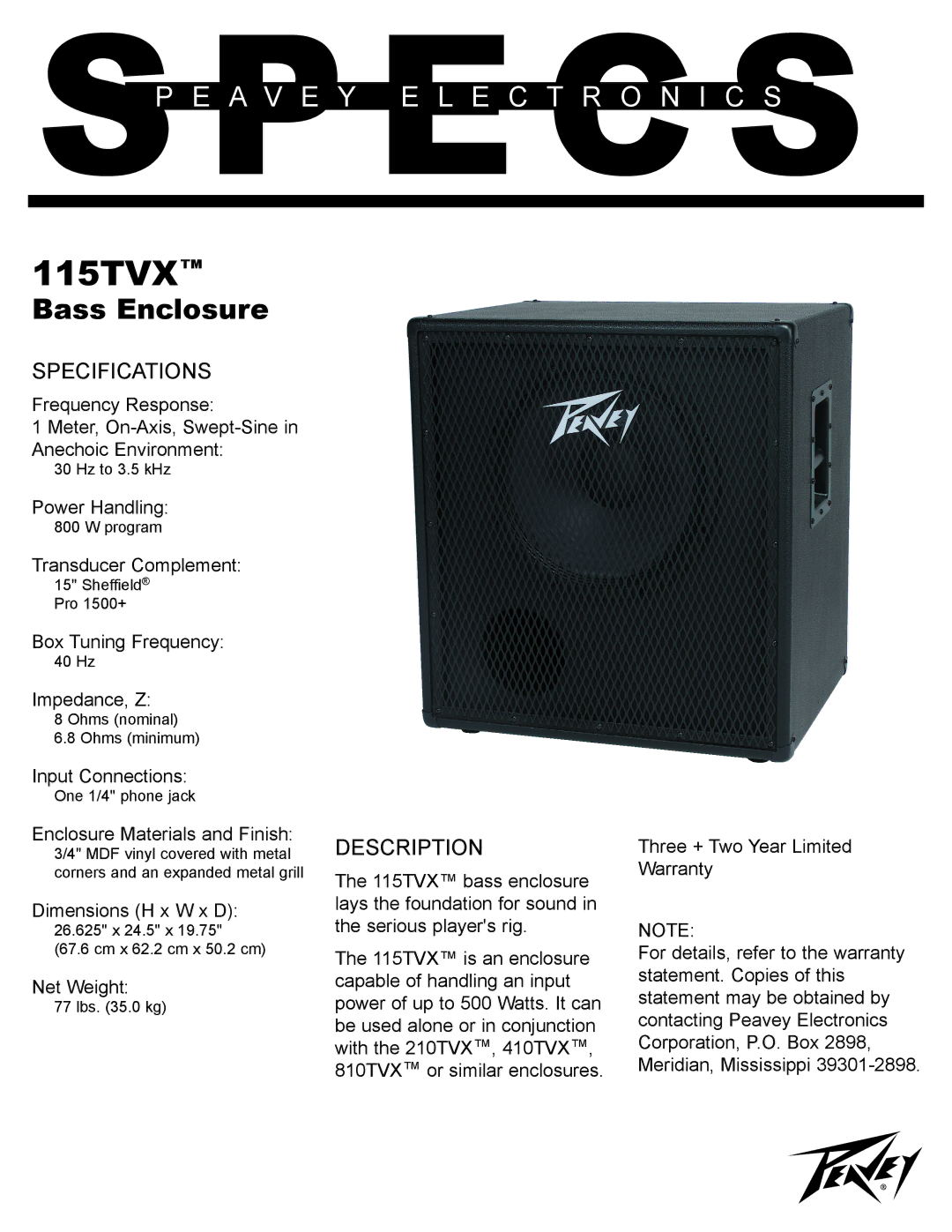 Peavey 115TVX specifications Bass Enclosure, Specifications, Description 